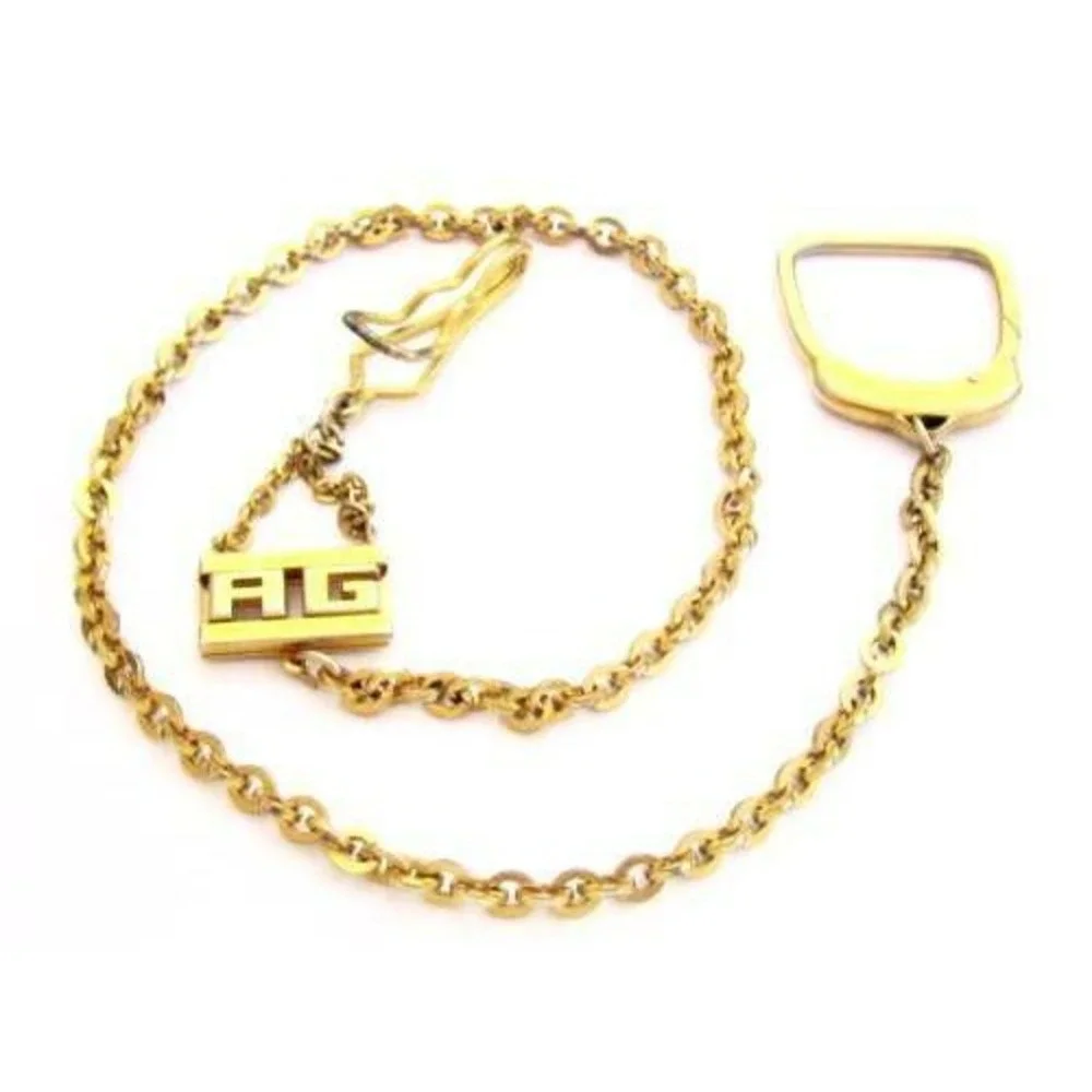 Antique Pocket‎ Watch Chain Monogram AG Initials Gold Plated w/ Keychain + Clip